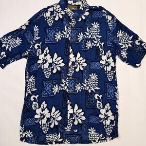Dreamland Hawaiian Shirt Mens XL Blue Rayon Aloha Pineapple Floral Button Front